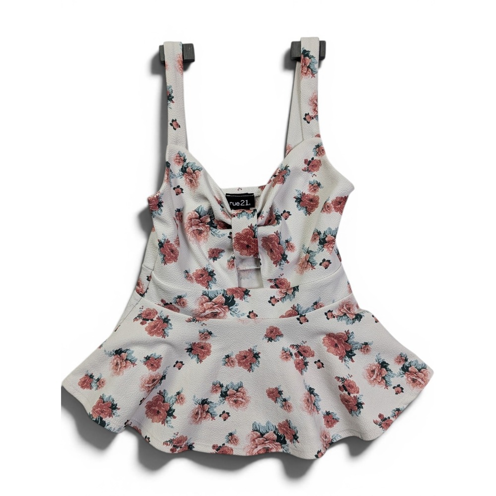 Rue 21 Juniors Peplum Babydoll Top S Floral Bow Front Cut Out White Pink